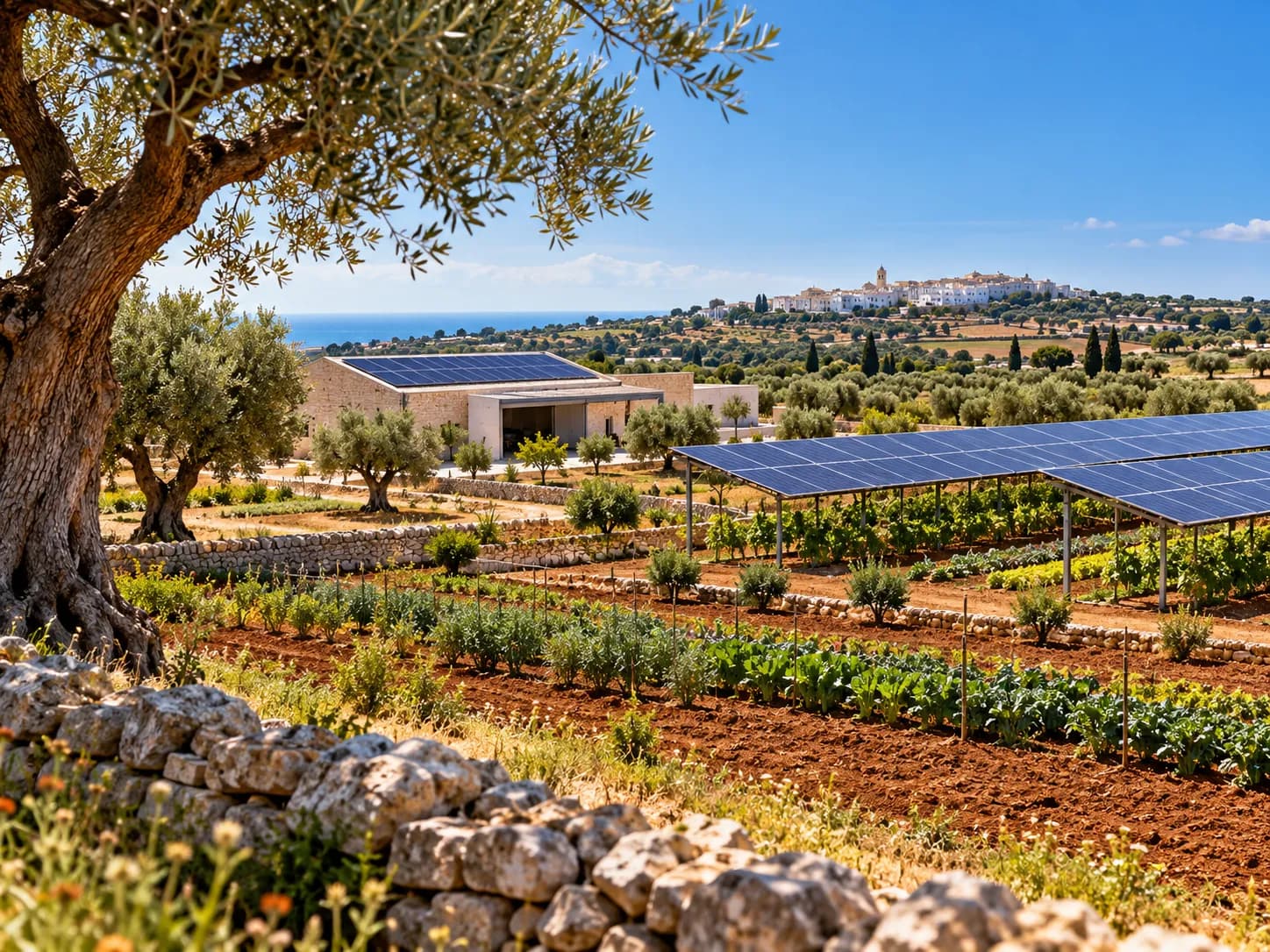 l'immagine generata con ai mostra un terreno in Puglia attrezzato con agrivoltaico.