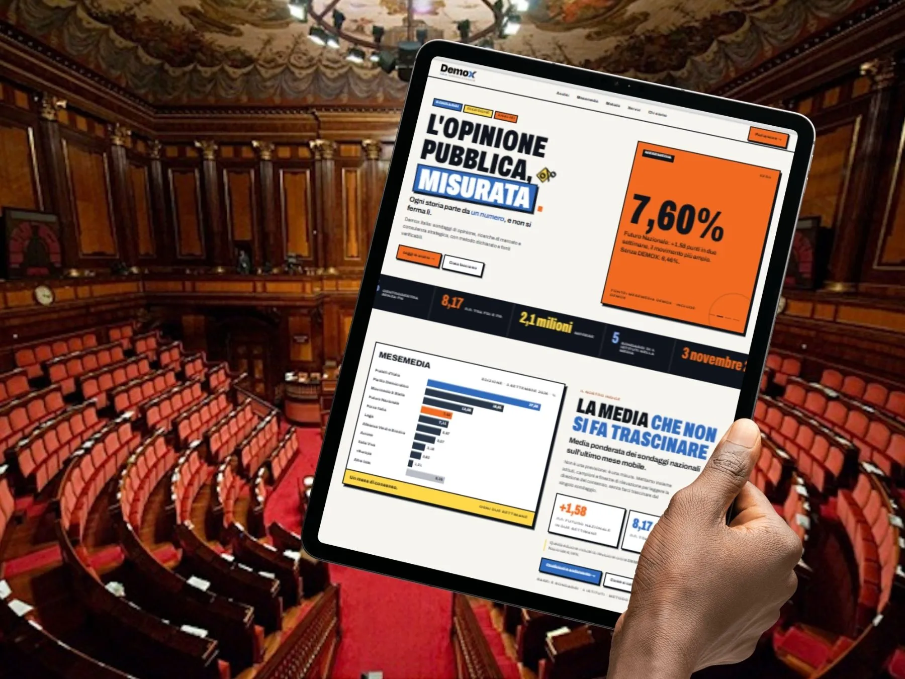 sullo sfondo il parlamento europeo. In primo piano una mano immagine di ipad con sito demox.it