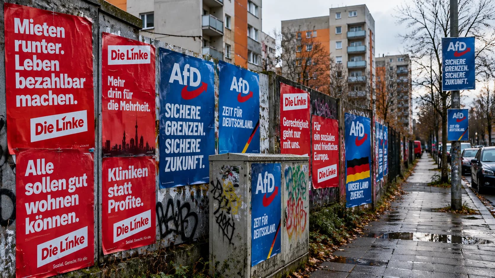 Manifesti elettorali di Die Linke e AfD in una periferia urbana tedesca.