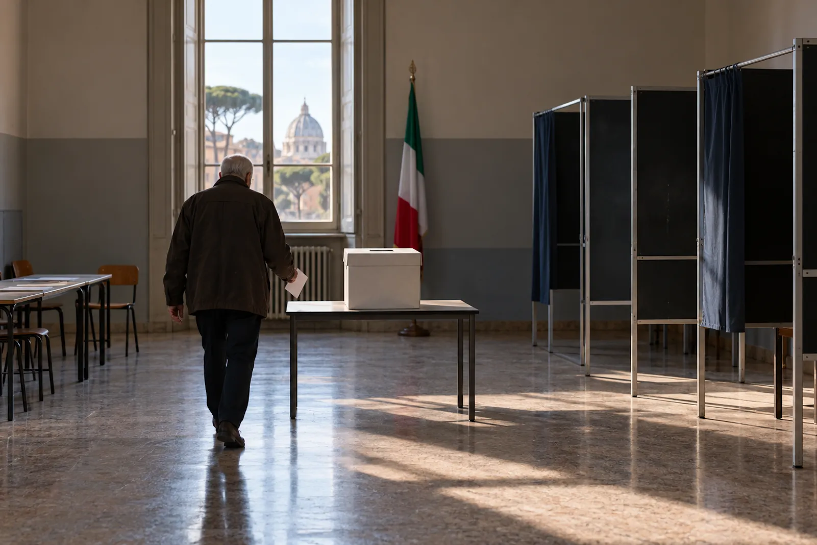 nel seggio elettorale un uomo si dirige verso l'urna