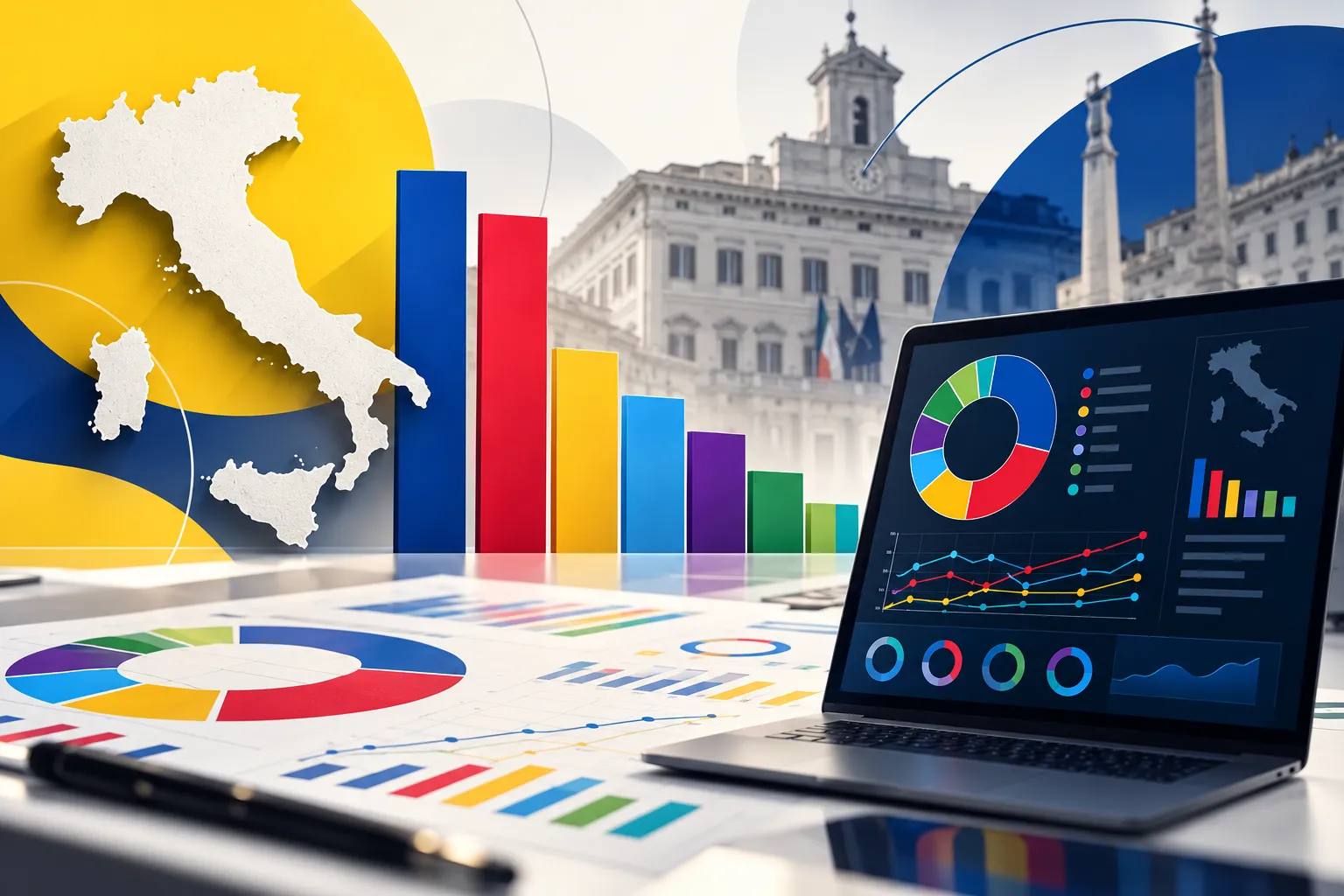 l'immagine mostra nei colori tipici del sito demox.it la riproduzione grafica di sondaggi e ricerche. c'è poi un profilo dell'Italia e sullo sfondo Roma