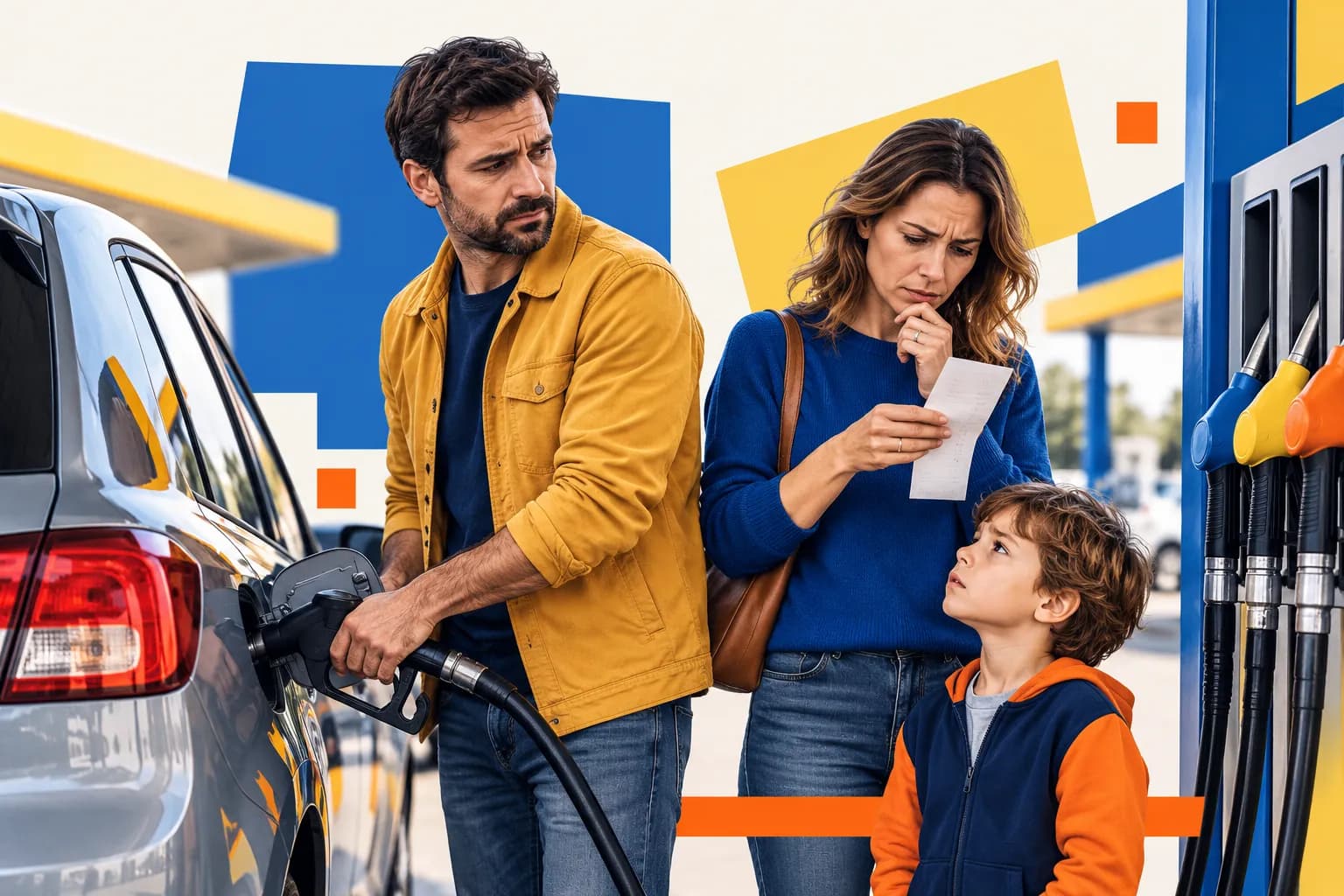 Famiglia alla pompa di benzina. Lui fa carburante, lei guarda il conto, il figlio osserva il padre. immagine generata con intelligenza artificiale