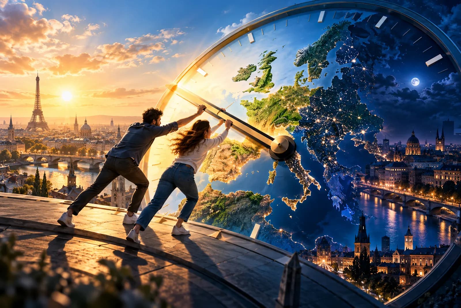 Ora legale: un uomo e una donna procedono al cambio d'ora su un orologio gigante. sullo sfondo Parigi, in primo piano Budapest. Il perno delle lancette su baricentro d'europa. I colori vanno dall'oro dell'alba al blu cobalto della notte.