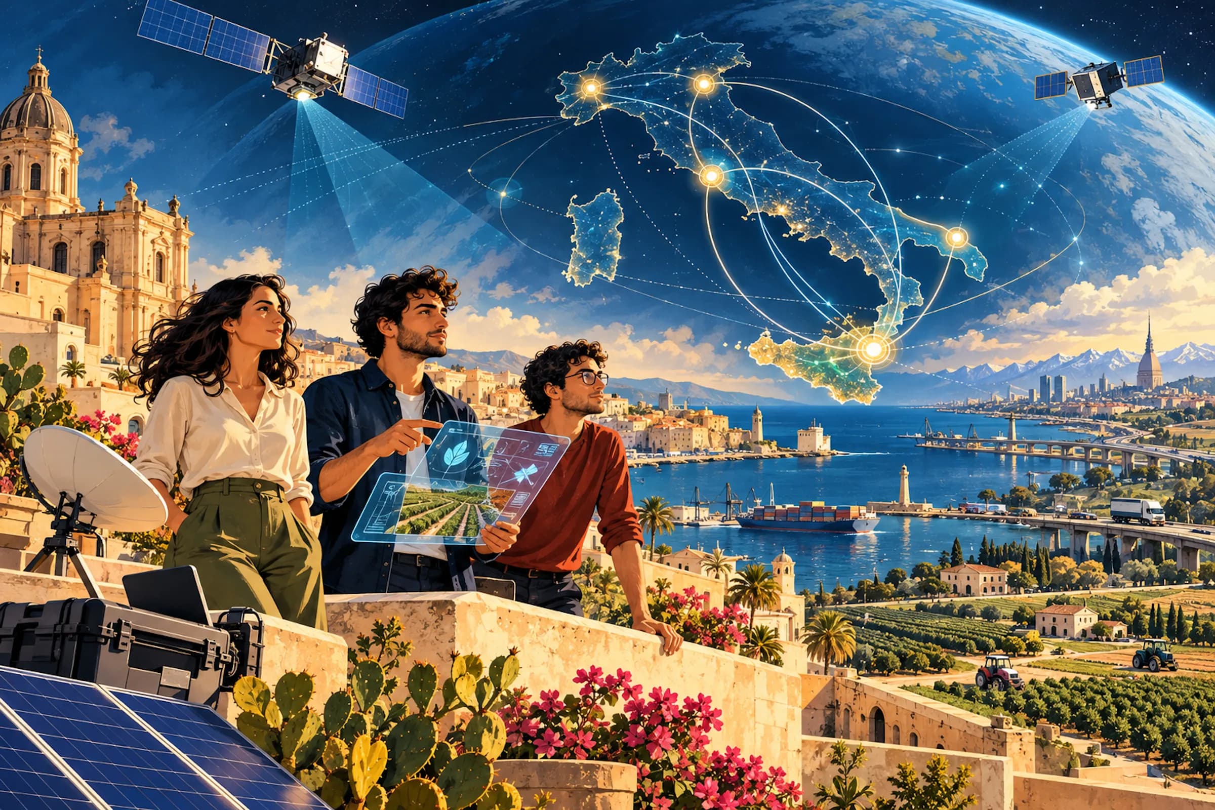 Tre giovani ricercatori guardano il futuro, dal sud Italia. Sullo sfondo la mappa italiana dello spazio, con i centri spaziali italiani di Siracusa, Brindisi, Torino, Roma, Milano e Padova