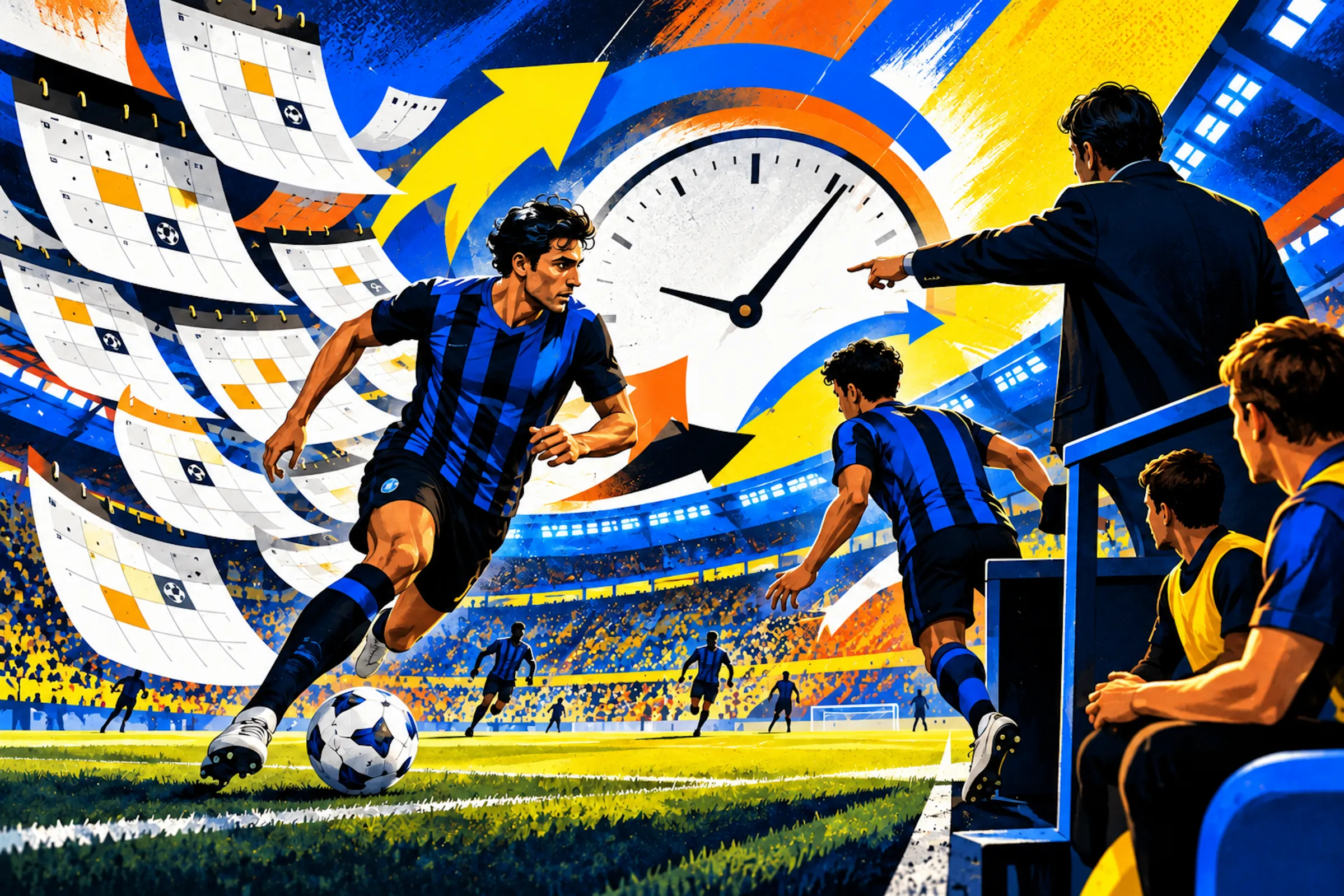 sullo sfondo calendari e uno stadio, sul campo dei giocatori ina zione, un allenatore e le riserve sul bordo, sugli spalti il pubblico in alto un orologio segna il tempo che corre