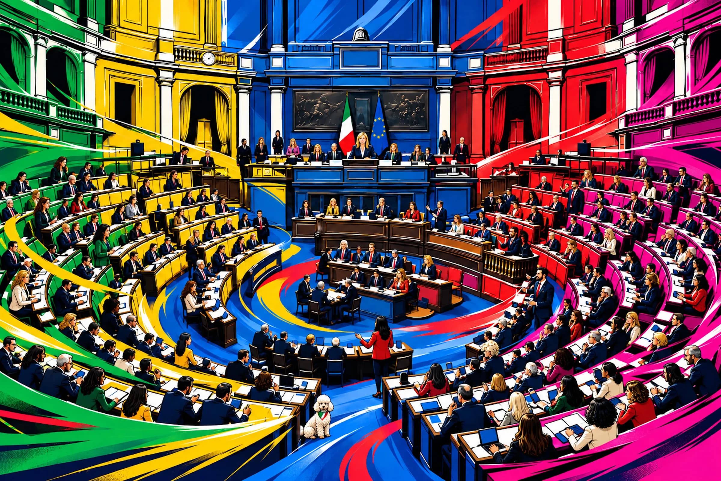 L'immagine rappresenta il parlamento attraversato da correnti di colore diverso e popolato da persone di età differenti e sesso differente. A rappresentare la varietà istituzionale perfino un barboncino che indossa un foulard tricolore, in rappresentanza della bandiera italiana.