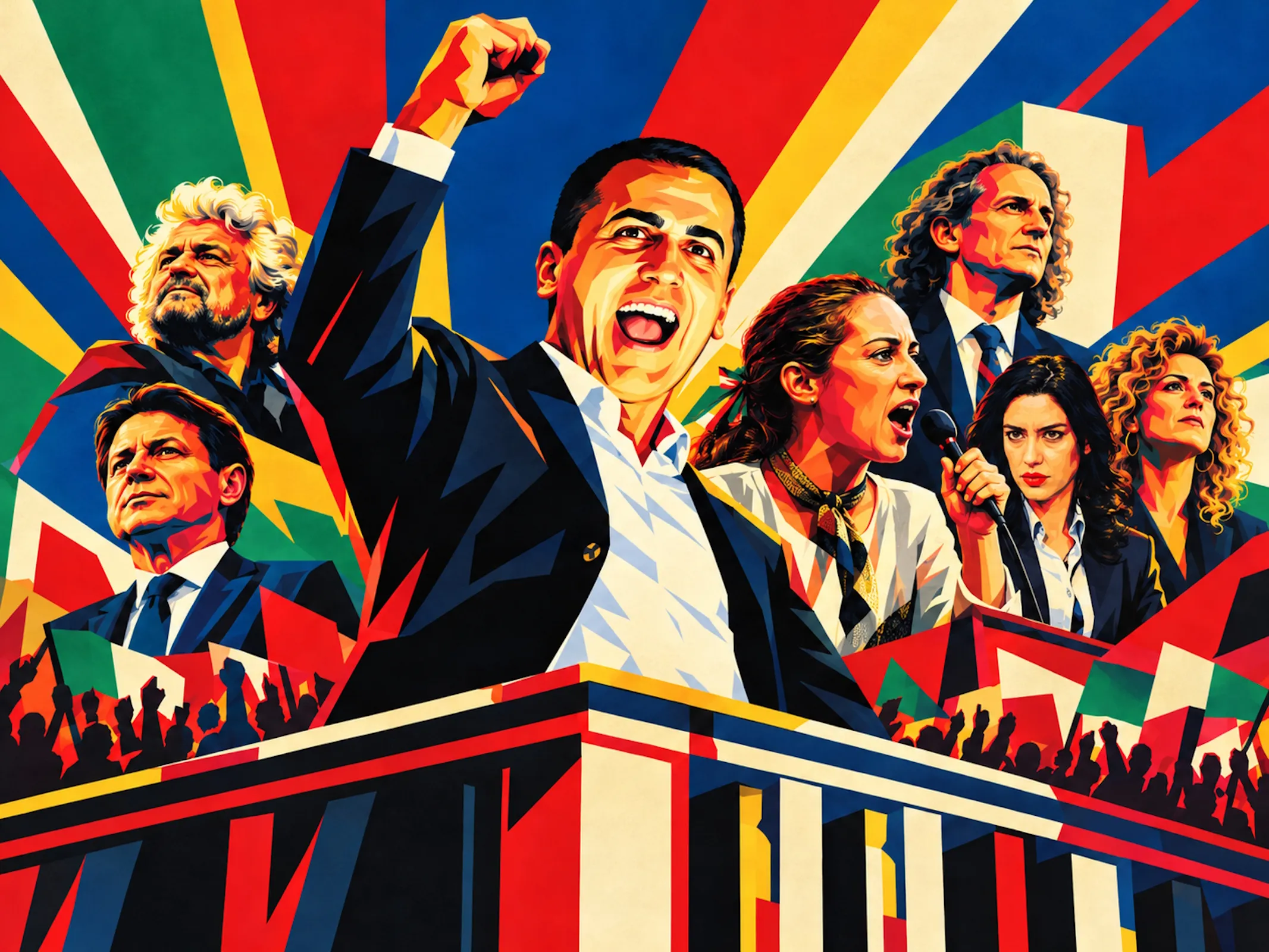 Protagonisti Movimento 5 Stelle: Di Maio, Conte, Grillo, Taverna, Casaleggio, Azzolina, Barbara Lezzi