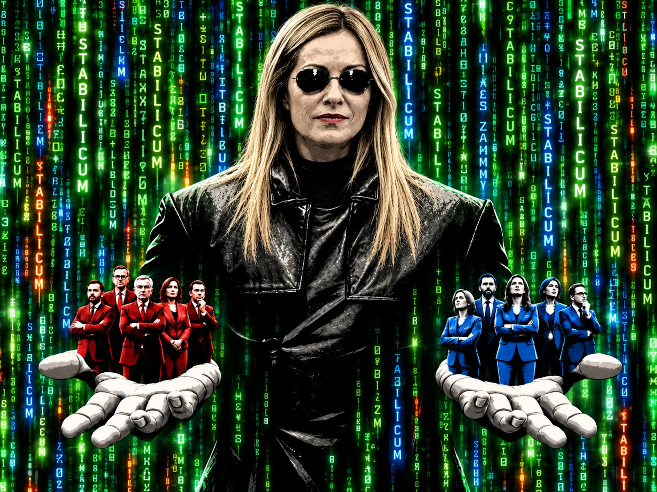 Giorgia Meloni tende le mani, ospitando sul palmo della mano dieci parlamentari. 5 vestiti di rosso, 5 vestiti di blu. L'immagine su ispira a Matrix e la famosa scena pillola rossa pillola blu. Meloni indossa gli iconici occhiali e giubbino di pelle. Lo sfondo riporta la parola stabilicum.